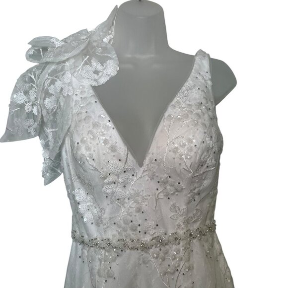Mac Duggal White Embellished Midi Dress Rosette Shoulder NWT Size 4 - Picture 6 of 7